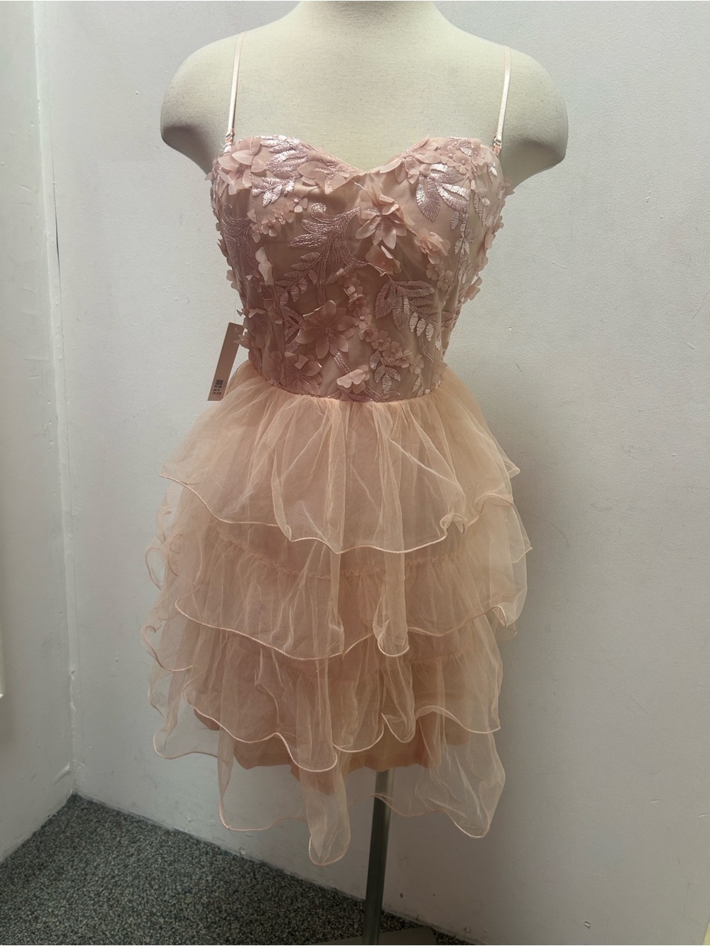 Blush Pink Floral Appliqué Tiered Mini Dress